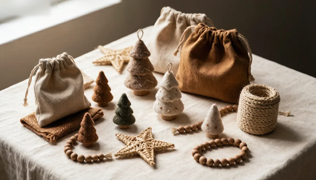 Handcrafted seasonal and festive textile decorations in warm natural tones